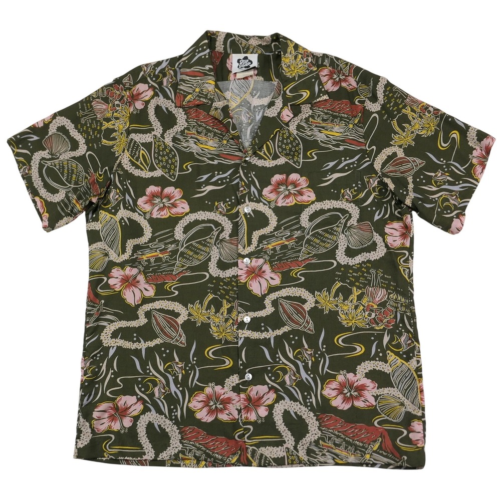 VTG Hilo Hattie Hawaiian Shirt XL Olive Green Rayon Tropical Floral Conch 1980s